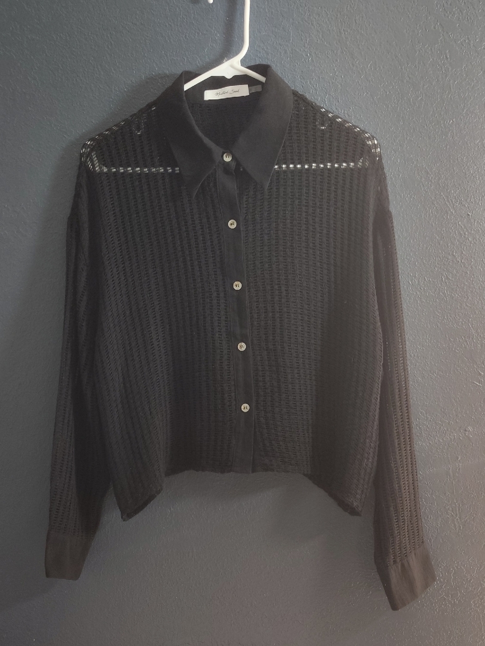 Mustard Seed Black Y2k Mesh Sheer Knit Layering Grunge Button-Down Shirt